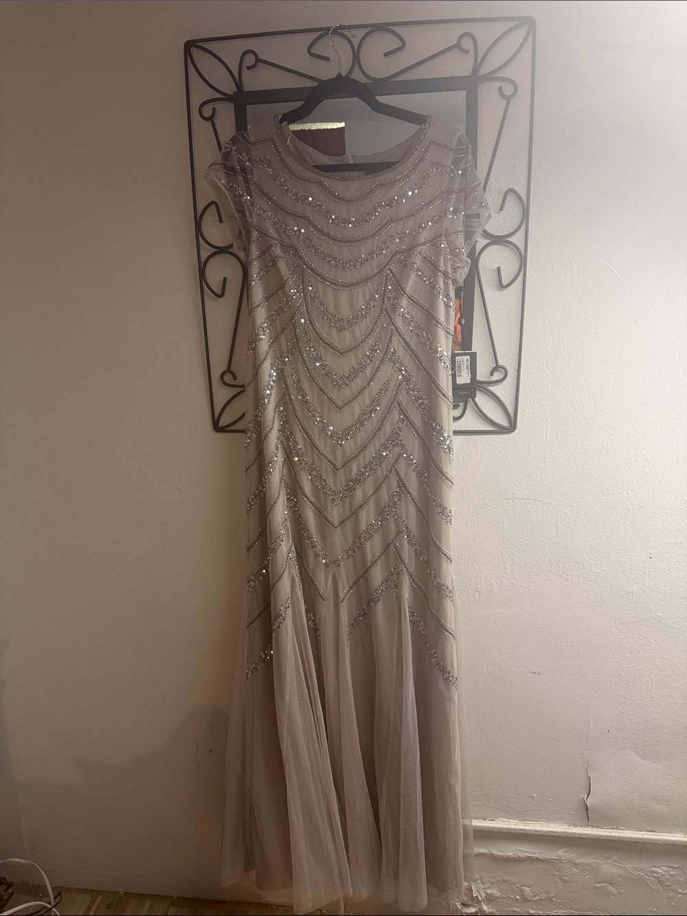 Adrianna Papell Silver-Sequined Cream Maxi Dress